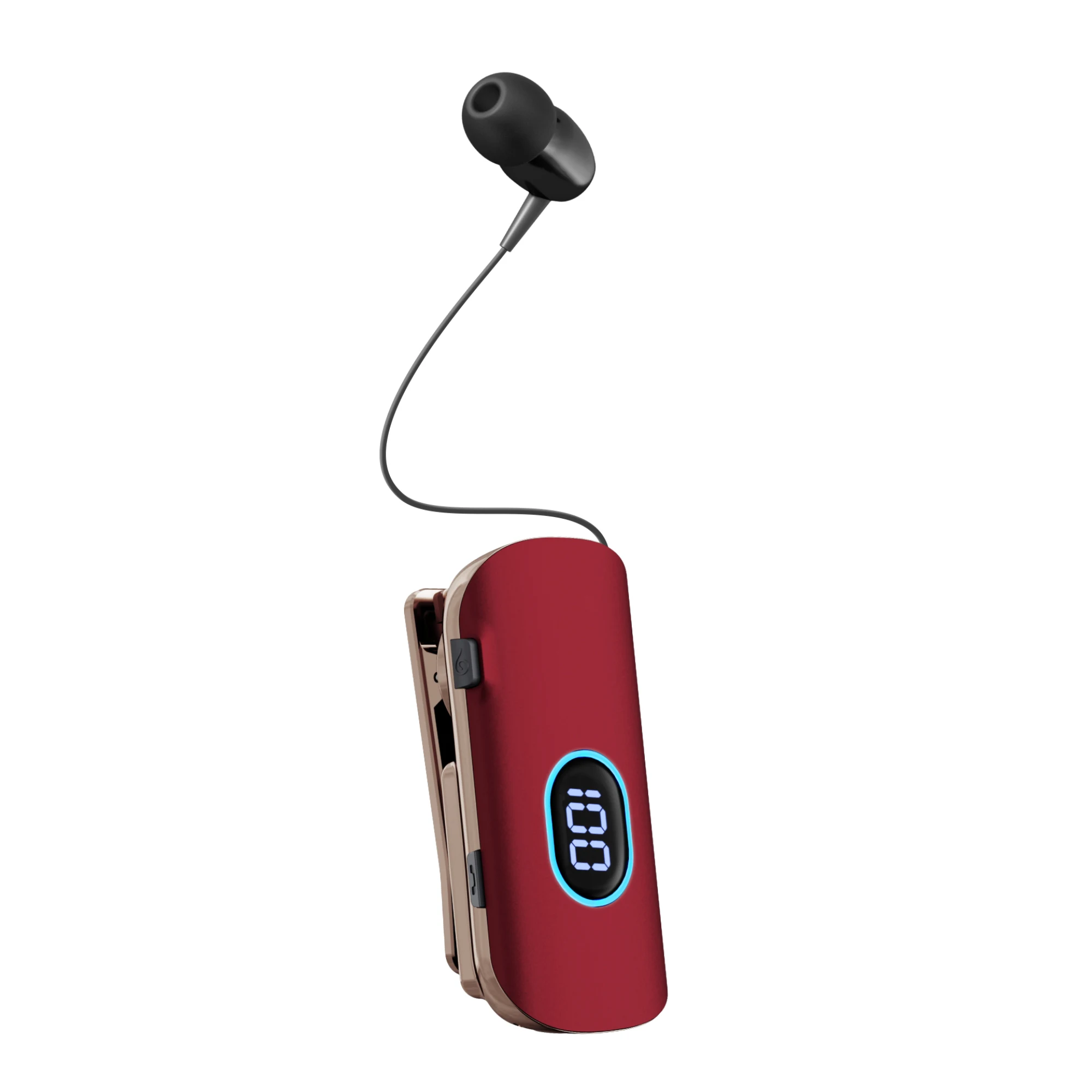 Red K93 earphone with its cable extended and clip visible