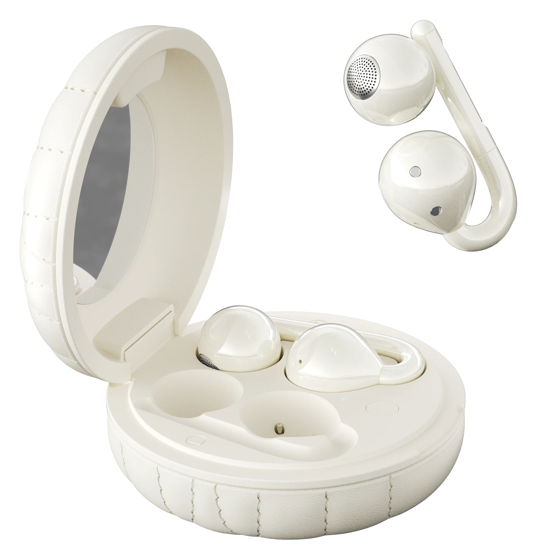 F27B in Cream — Earbuds & open case