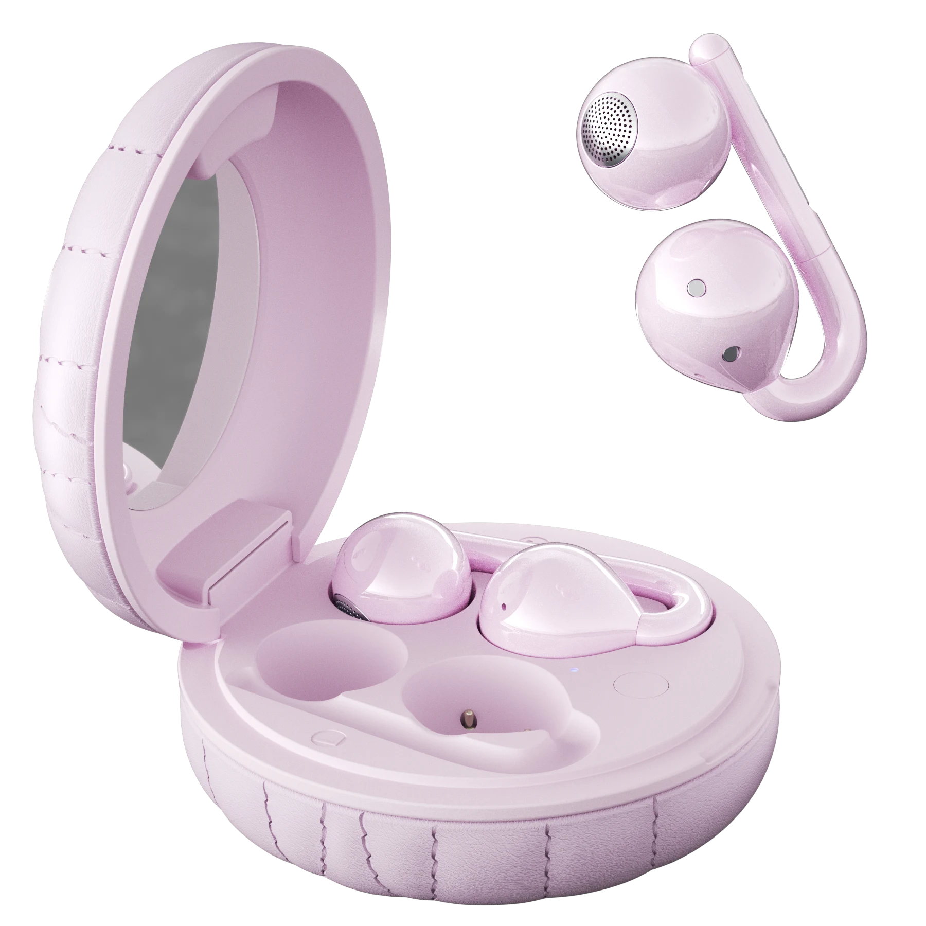 F27B in Pink — Earbuds & open case