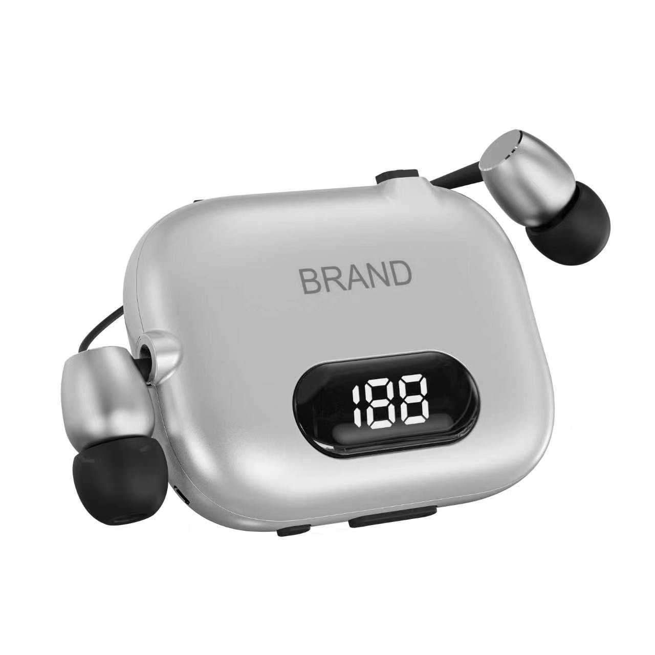 K97 silver front view with two retractable earbuds